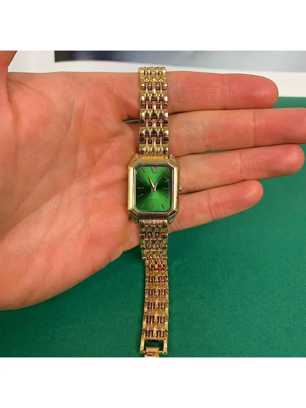 Rectangular Gold and Green face watch